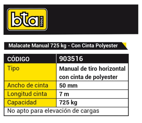 Malacate Manual BTA 725kg con Cinta Poliéster — BTA
