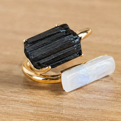 Anel Duplo de Turmalina Negra e Selenita Dourado | Proteção e Elevação Energética