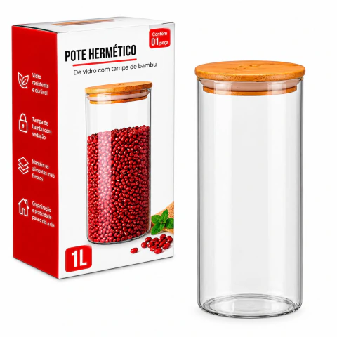 Pote Hermético de Vidro 1L com Tampa de Bambu para Mantimentos