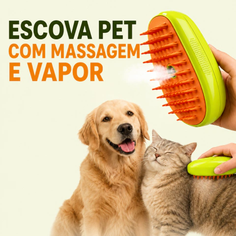 Escova Pet com Massagem e Vapor - Cabo Ergonômico