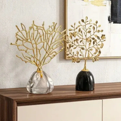 Arvore da Riqueza Dourada Decorativa | Escultura Artesanal para Mesa, Sala e Escritório