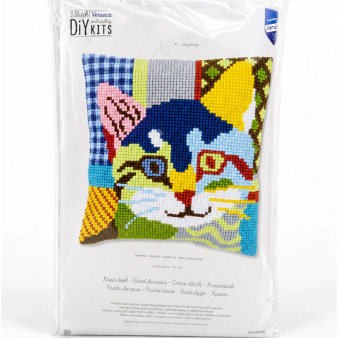 Kit Punto Cruz Vervaco | Tapa de almohadón Gato Patchwork