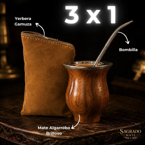 PROMO DIA DEL AMIGO -3x1 - Mate Algarrobo Brilloso + Bombilla + Yerbera Gamuza