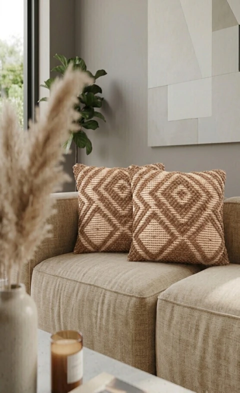 FUNDA DE ALMOHADON ROMBOS CON BORLAS 45X45 CM
