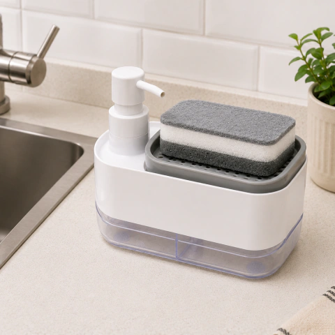Organizador Bacha Con Dispenser Y Porta Esponja Recargable Blanco