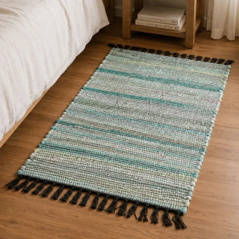 Alfombra Durrie Costado Cama Living Tejida Artesanal 70x120 70 Cm 1.2 M Celeste