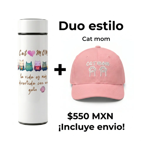Dúo Estilo Cat Mom | Termo Smart LED + Gorra Bordada 3D - Proyecto Crea - Arte | Regalos y Accesorios Únicos México