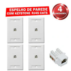 Kit 4 Espelhos de parede com 1 saída RJ45 Cat5, permite ligar cabos de rede e patch cords para conexão de internet ou extensão de sinal via cabo de rede