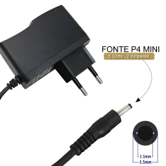 A Fonte de Alimentação Externa Bivolt P4 de 5 Volts e 2 Amperes é indicada para alimentação de eletrônicos