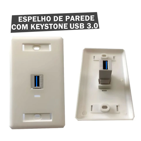 O Espelho de Parede 4 x 2 com 1 saída USB 3.0 mantêm seu ambiente organizado e possibilita ligar dispositivos com conexão USB 3.0 como câmera, periféricos, joystick, entre outros