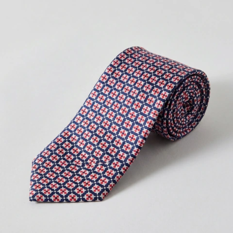 Corbata de Microfibra Azul marino Medallón Rojo y Blanco