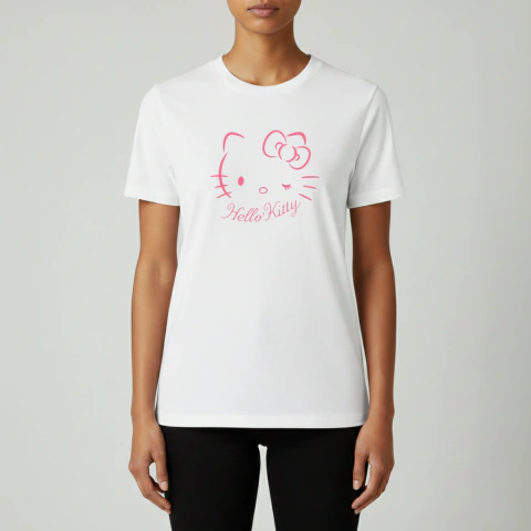 Remera Hello Kitty Minimalista Trazo Rosa Guiño Blanca