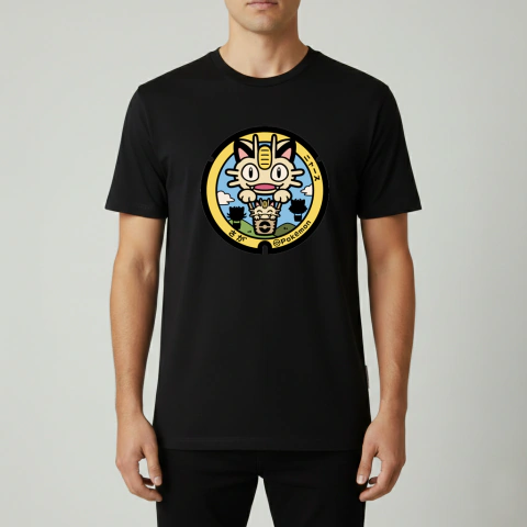Remera Negra Meowth Pokémon Diseño Poké Lid Algodón
