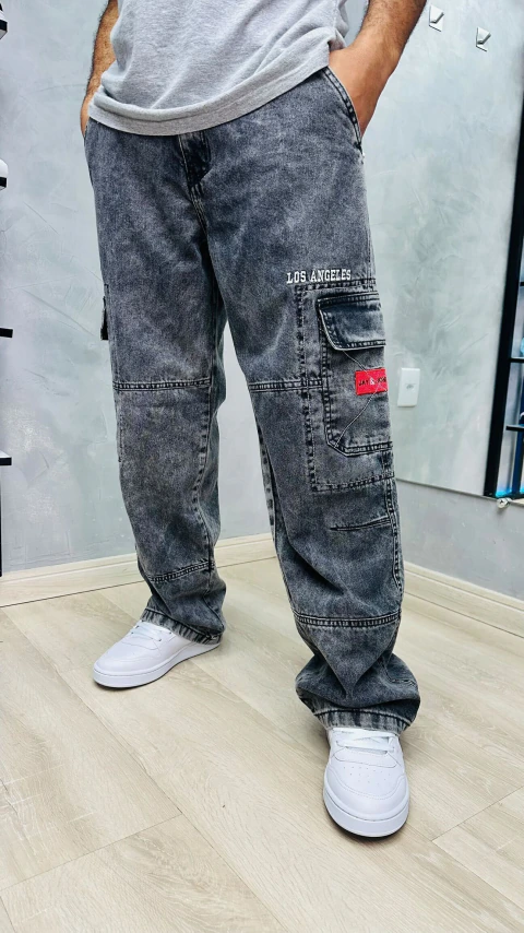 Calça Jeans Jay Jones Loose Fit Streetwear com Cordão - Cinza Graphite Original