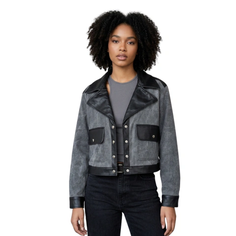 Jaqueta cropped jeans com couro oversized - comprar online