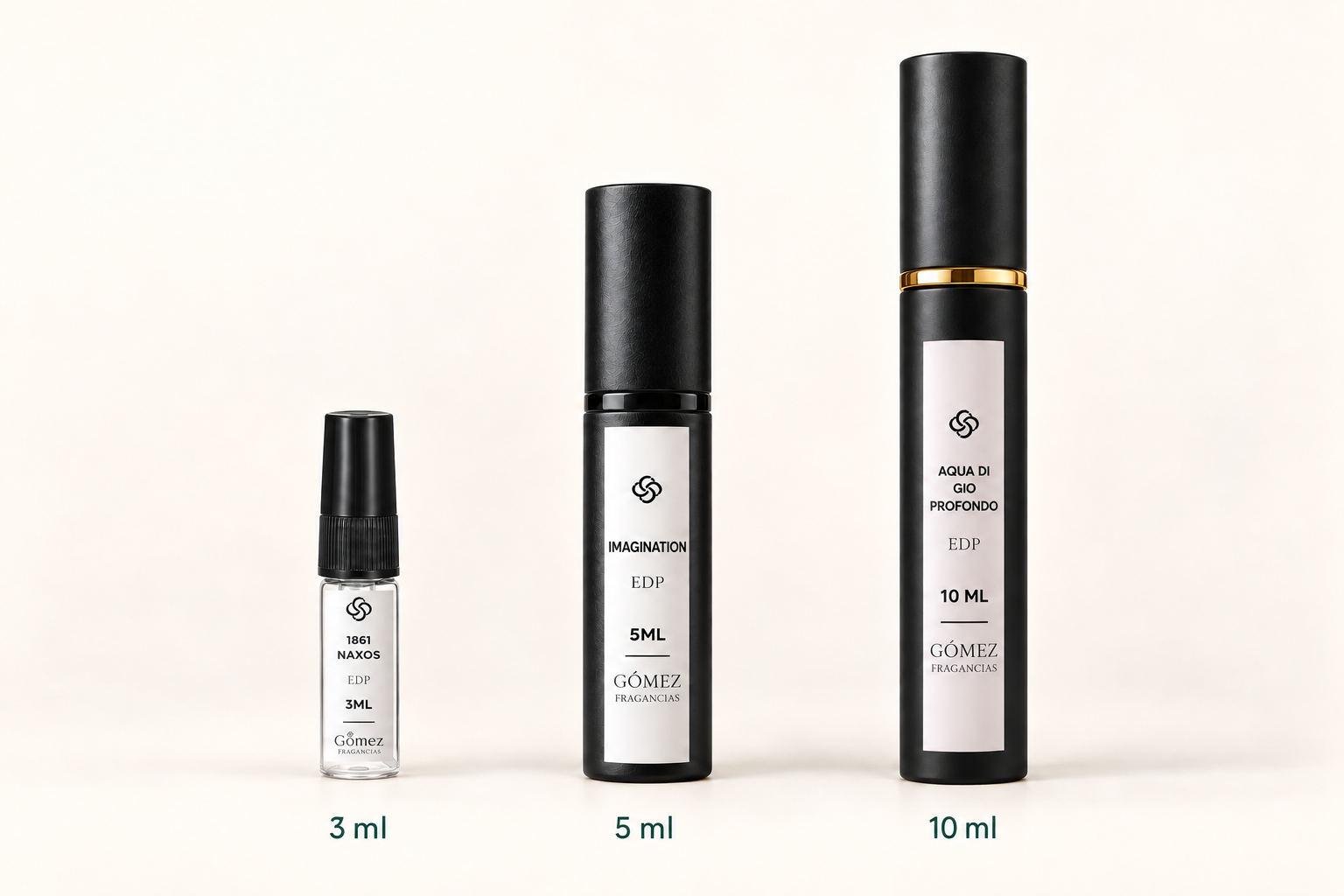 Atomizadores Gómez de 3 ml, 5 ml y 10 ml, con sus etiquetas.