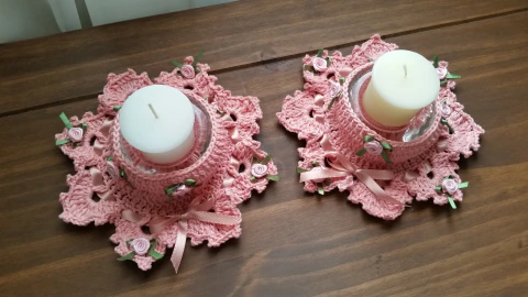 Par de Porta Velas em Crochê