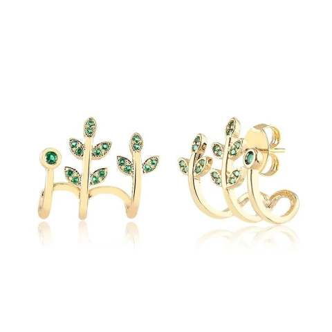 Brinco Tres Garras Folhinhas - Ouro 18k - Esmeralda
