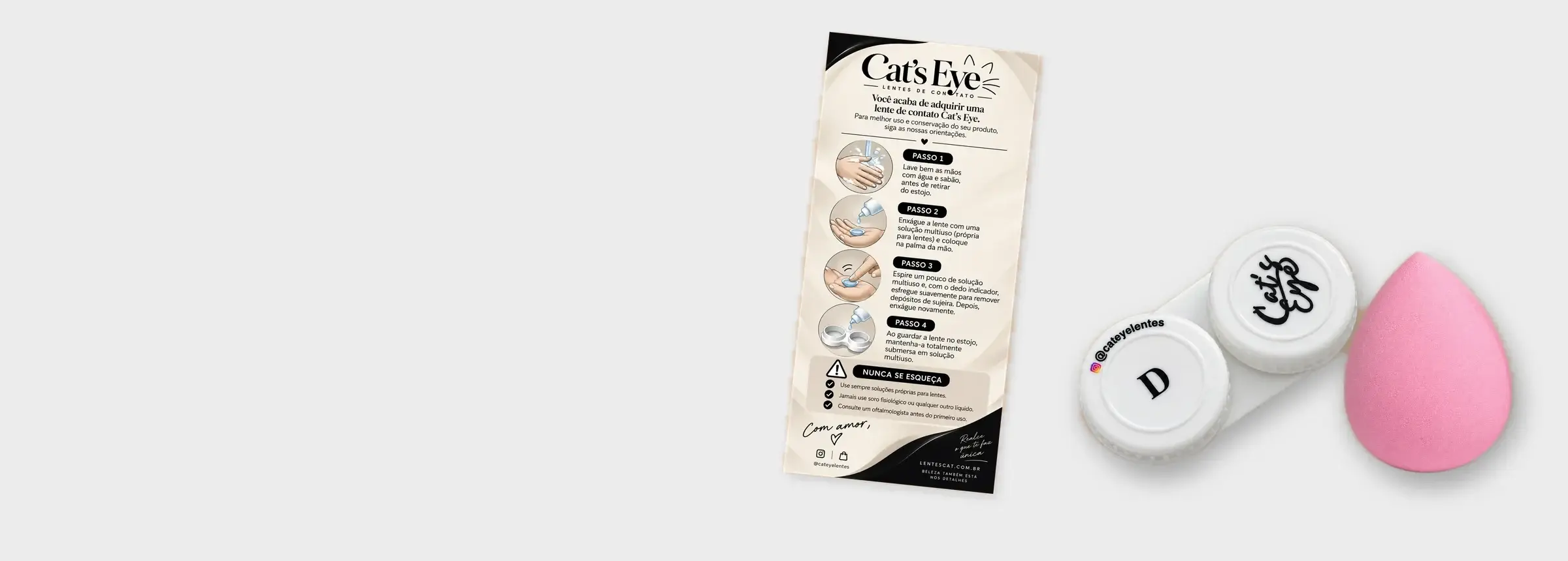 Estojo de lente com a logo da Cat's Eye, manual de cuidados e esponja de maquiagem