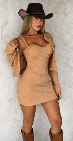 Conjunto Com Corset Bojo Estruturado + Cardigan Manga Longa