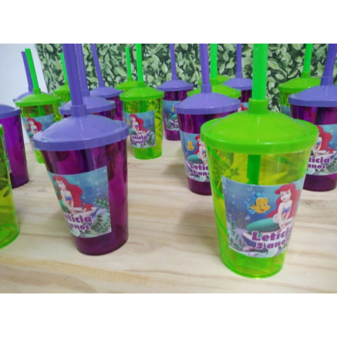 Pequena Sereia Copo Canudo Personalizado Pronta Entrega