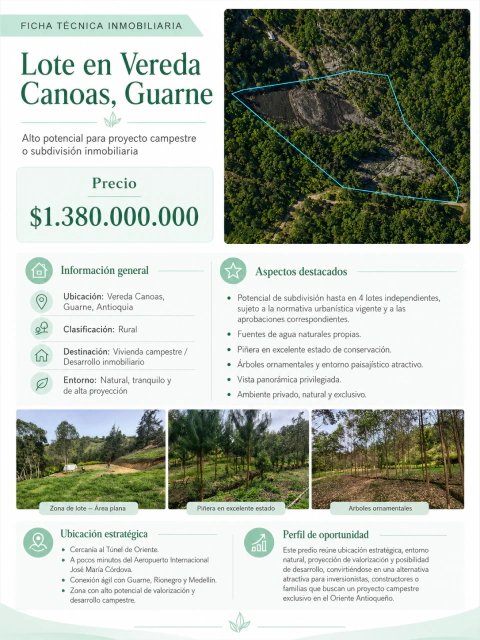 SE VENDE LOTE PARA PROYECTO DE LOTEO EN VEREDA CANOAS - GUARNE - CERCA AL AEROPUERTO