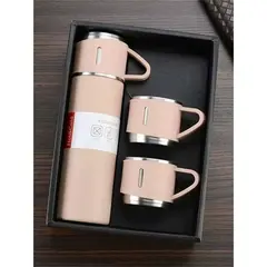 caneca Kit Garrafa Térmica Vacuum Bottle Inox 500ml + 3 Xícaras Bebidas Fria ou Quente - Ponto Loja