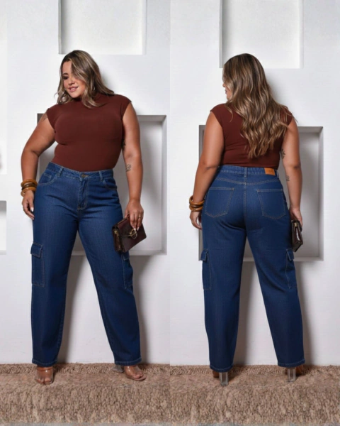 Calça Cargo Jeans Feminina Plus - comprar online
