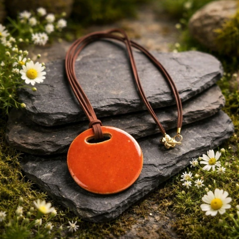 Colar com pingente em cerâmica esmaltada redondo - Vermelho