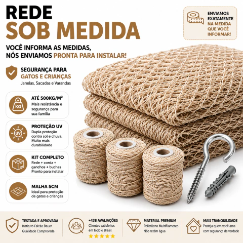 Kit Completo Rede de Proteção Para Sacada 1,30x2,20 Areia (Bege) 2,86m² - comprar online