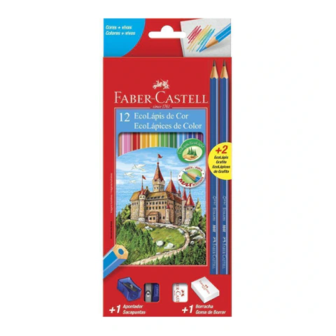 Lápis de Cor 12 Cores Kit com Apontador, Borracha e 2 Grafite - Faber-Castell