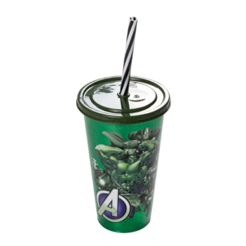 Copo Plástico 500ml Vingadores Verde com Tampa Canudo - Plasútil