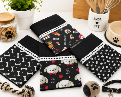 kit 4 panos de prato estampa de pet com passa fitas falso - comprar online