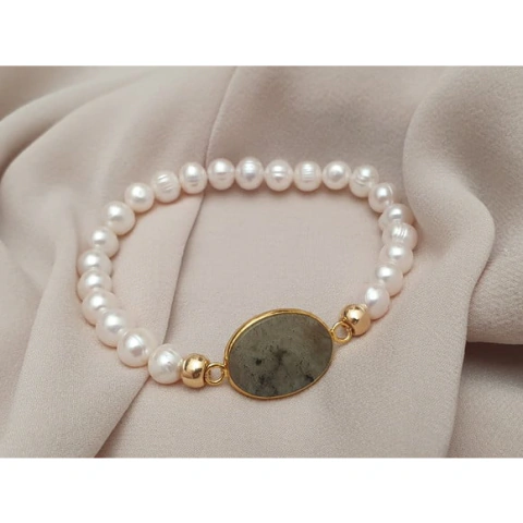 Pulseira de Pérolas Barrocas e Pedra Natural Labadorita
