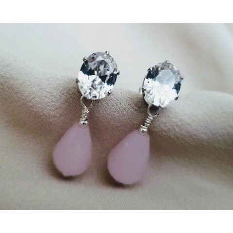 Brinco Banhado com Cristal Transparente e Quartzo Rosa