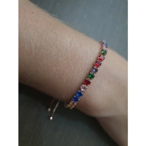 Pulseira Riviera Dourada com Cristais Redondos Coloridos