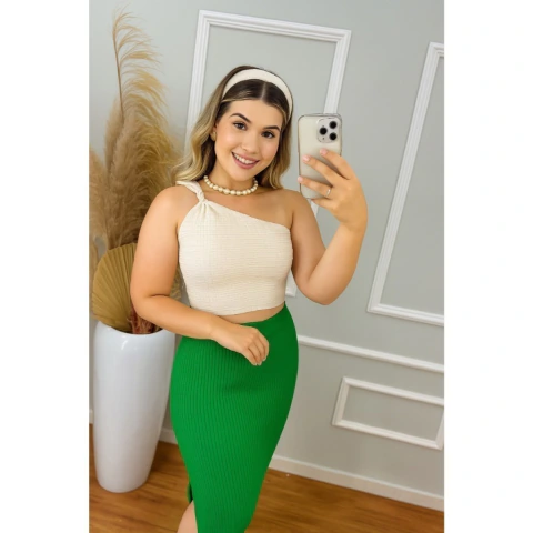 Saia Básica Mídi Feminino Tricot Canelado Fenda Lateral Tendência Moda Verão Emylu tricot na internet