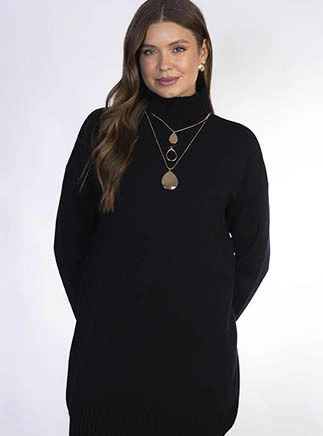 Vestido Milano - Vestido Feminino Preto em Tricô Modal com Gola Alta
