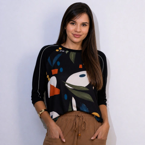 Blusa Estampada Frente Manga 3/4