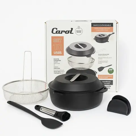 Set Sarten Cacerola 28cm Freidor Alum. Fundido 10 Usos Carol Negro