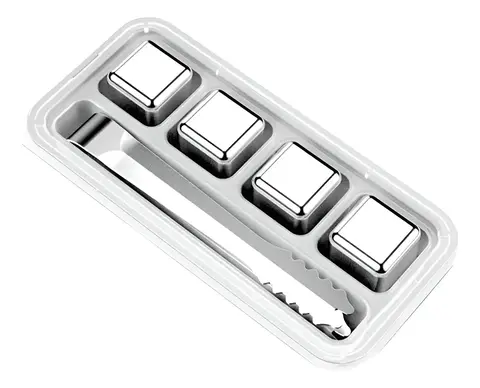Cubos De Hielo Plateado Reutilizables De Acero Inoxidable + Pinza - 4 Cubos