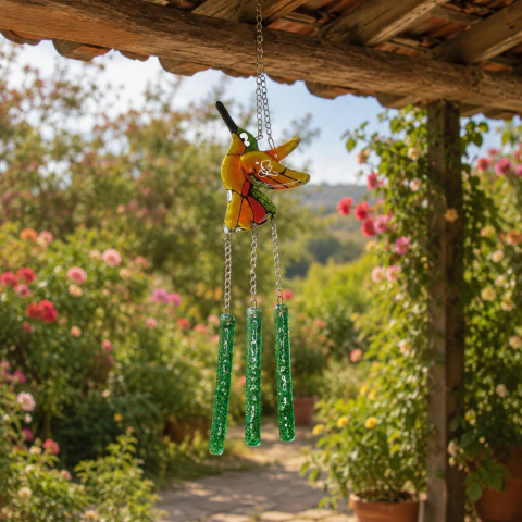 Colgante Artesanal de Colibrí – Vitrofusión en Tonos amarillo, anaranjado con verde