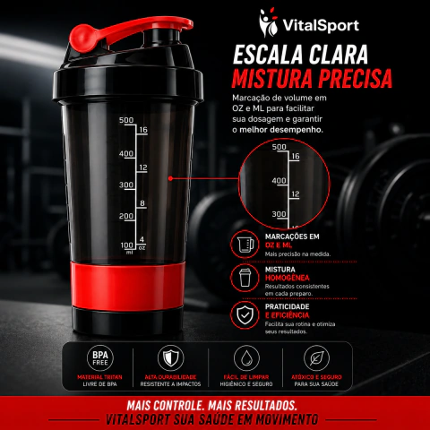 Copo Multiuso Portátil 500ml com Compartimento de Suplementos e Mola Batedora