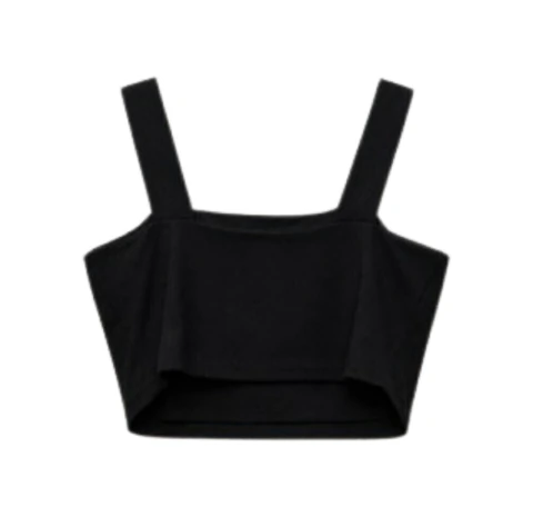 Tahari – Top corto negro con escote cuadrado y tirantes anchos