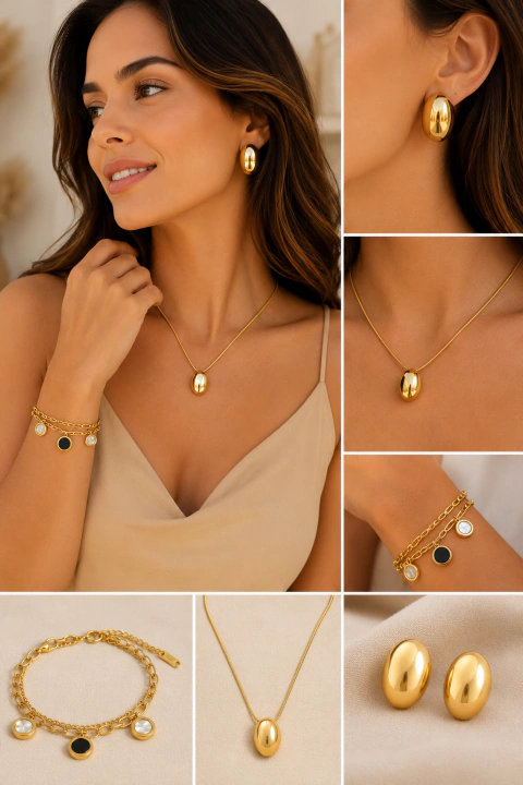 Kit Selene — Colar, Pulseira e Brincos Femininos semijoias hipoalergênicas em inox dourado - comprar online