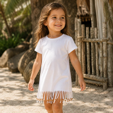 Vestido Manu Infantil Branco Franjas com Miçangas de Madeira