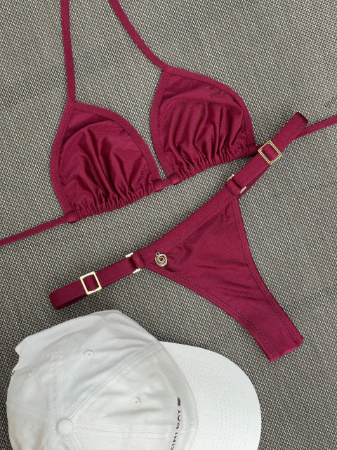 Conjunto calcinha biquíni regulável TAY + top biquíni CORTININHA BASIC cherry