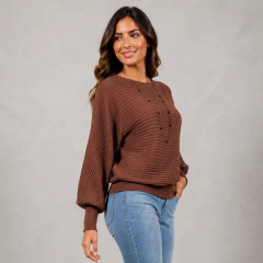 Blusa Tricot canelada Mangas Amplas – Marrom Terracota
