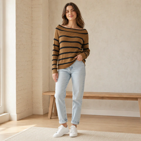 Blusa Feminina Tricô Listrada Caramelo e Preta Manga Longa | Nala Store
