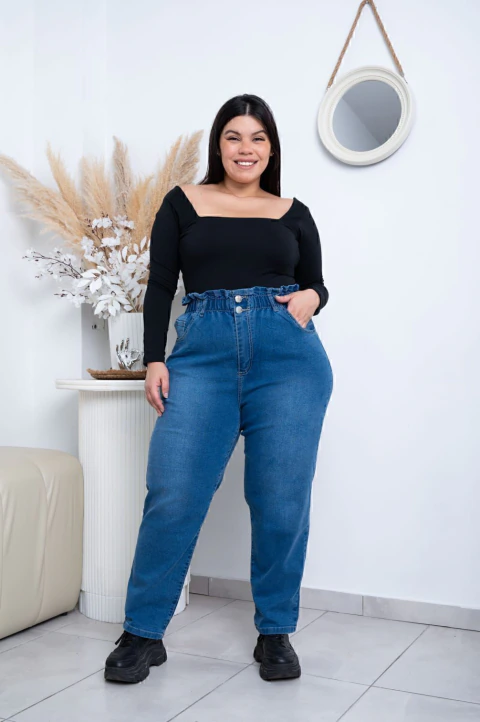 C300 | JEAN BAGGY AZUL LISO TIRO ALTO ELASTIZADO TALLES 48 AL 60 CRISAL